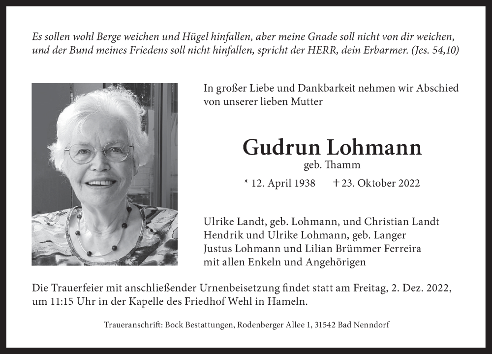 Traueranzeigen von Gudrun Lohmann | Trauerportal Ihrer Tageszeitung