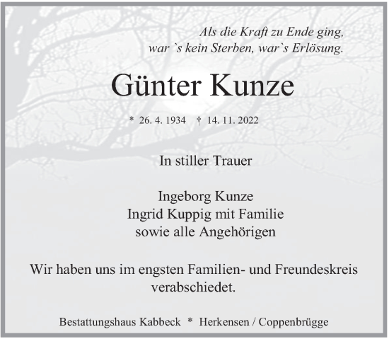 Traueranzeige von Günter Kunze von Deister- und Weserzeitung