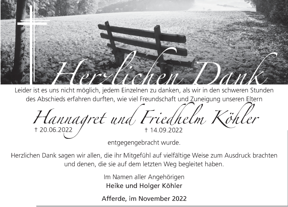  Traueranzeige für Hannagret Köhler vom 05.11.2022 aus Deister- und Weserzeitung