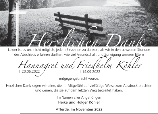 Traueranzeige von Hannagret Köhler von Deister- und Weserzeitung