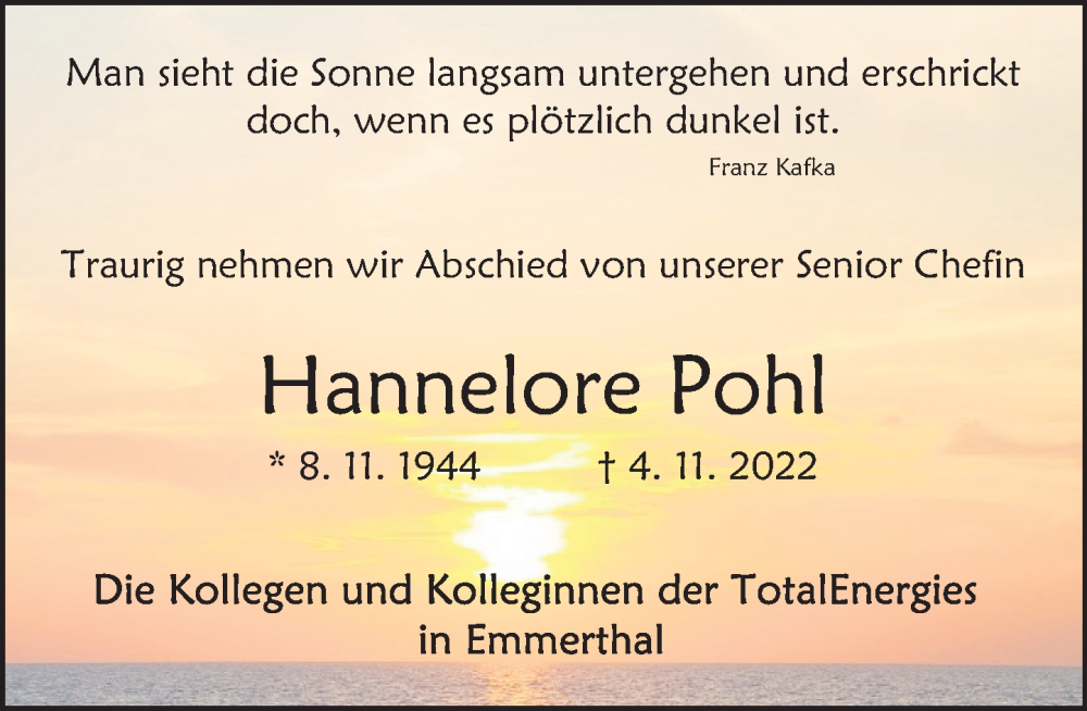  Traueranzeige für Hannelore Pohl vom 12.11.2022 aus Deister- und Weserzeitung