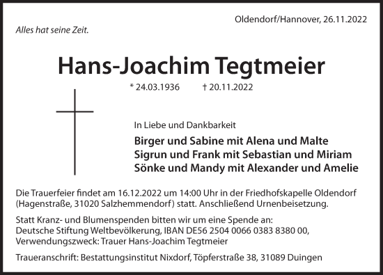 Traueranzeige von Hans-Joachim Tegtmeier von Deister- und Weserzeitung