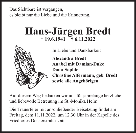 Traueranzeige von Hans-Jürgen Bredt von Deister- und Weserzeitung
