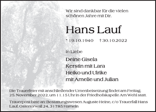 Traueranzeige von Hans Lauf von Deister- und Weserzeitung