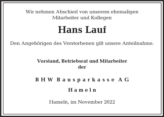 Traueranzeige von Hans Lauf von Deister- und Weserzeitung