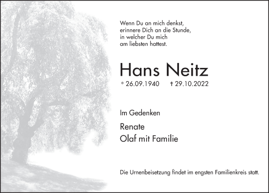 Traueranzeige von Hans Neitz von Deister- und Weserzeitung