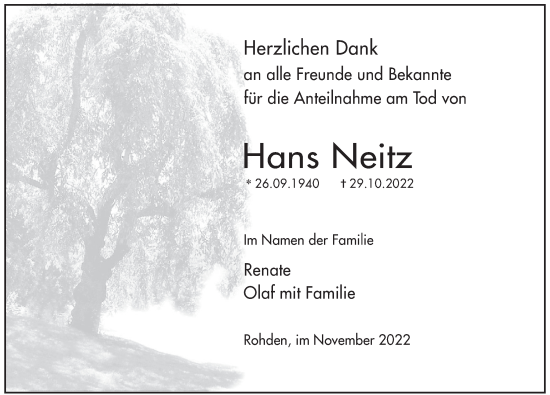 Traueranzeige von Hans Neitz von Deister- und Weserzeitung