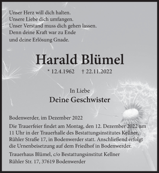 Traueranzeige von Harald Blümel von Deister- und Weserzeitung