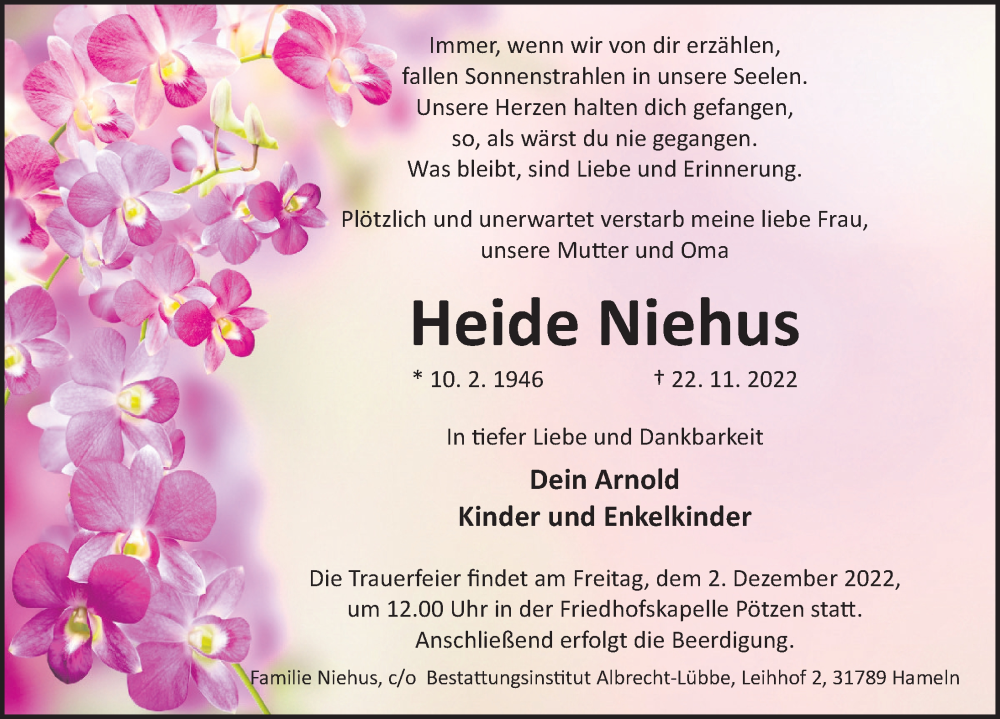  Traueranzeige für Heide Niehus vom 26.11.2022 aus Deister- und Weserzeitung