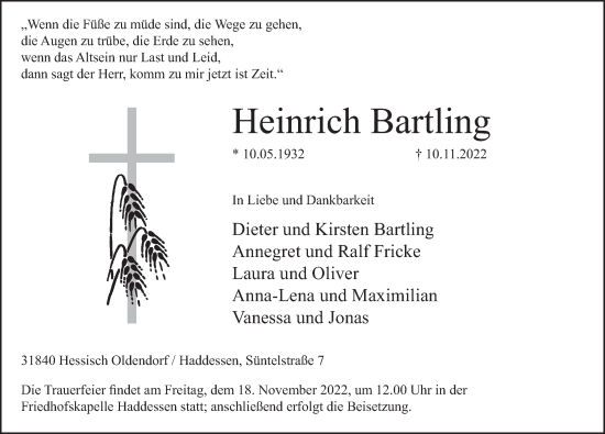 Traueranzeige von Heinrich Bartling von Deister- und Weserzeitung