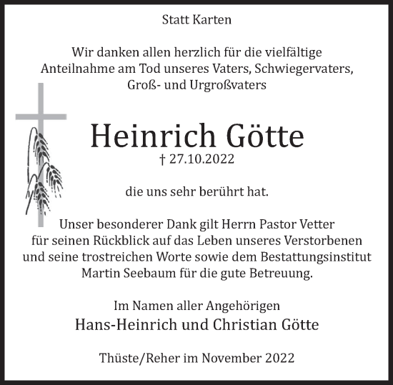 Traueranzeige von Heinrich Götte von Deister- und Weserzeitung