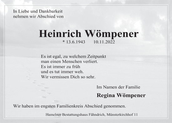 Traueranzeige von Heinrich Wömpener von Deister- und Weserzeitung