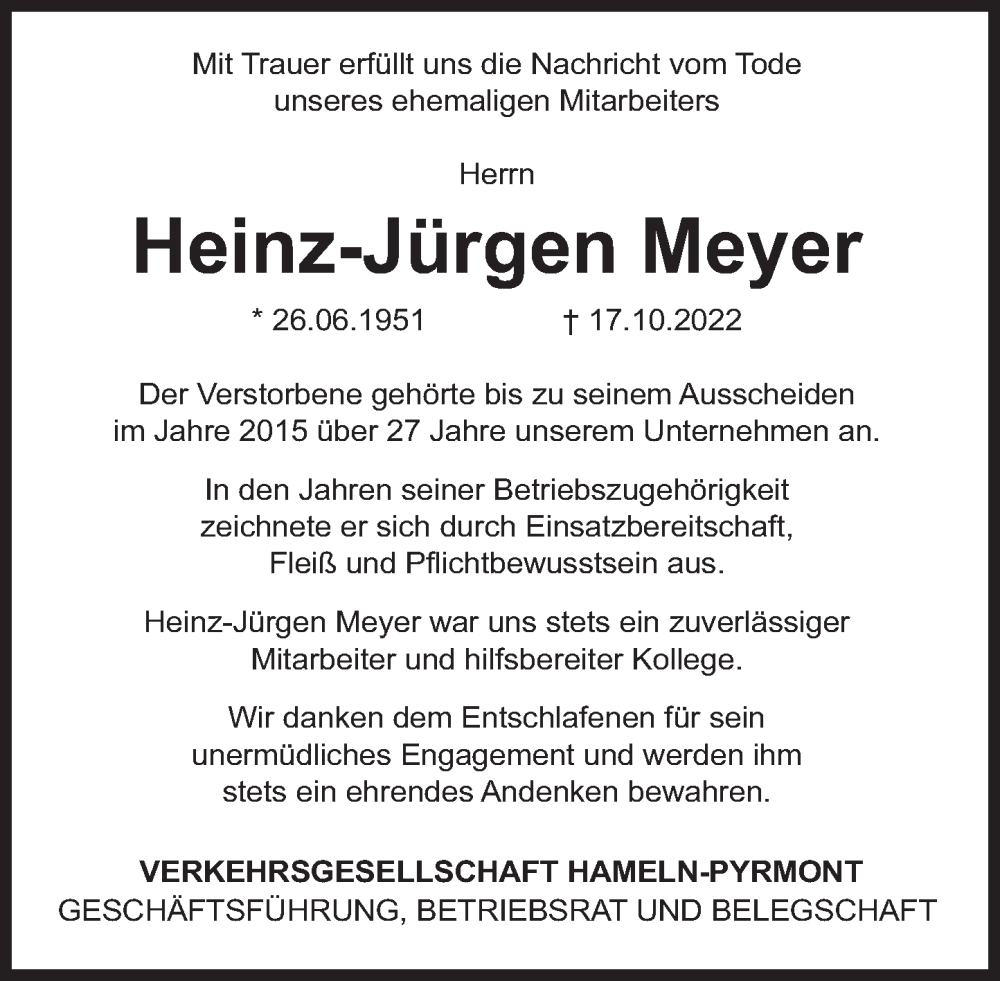  Traueranzeige für Heinz-Jürgen Meyer vom 05.11.2022 aus Deister- und Weserzeitung
