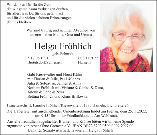 Traueranzeige von Helga Fröhlich von Deister- und Weserzeitung