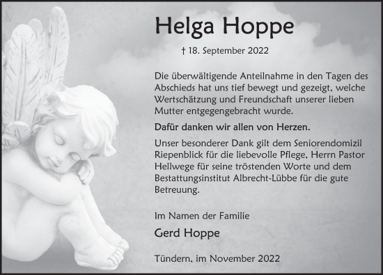 Traueranzeige von Helga Hoppe von Deister- und Weserzeitung