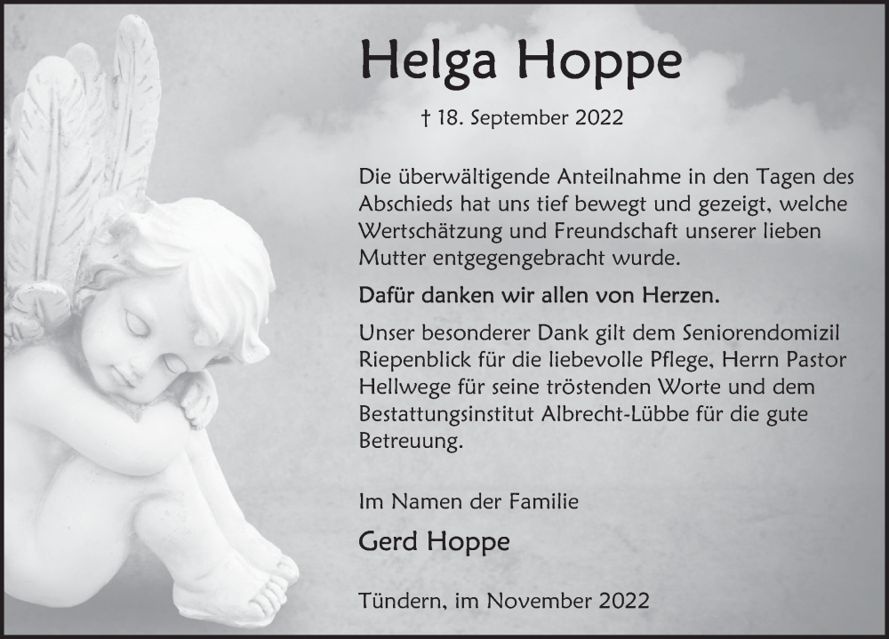  Traueranzeige für Helga Hoppe vom 04.11.2022 aus Deister- und Weserzeitung