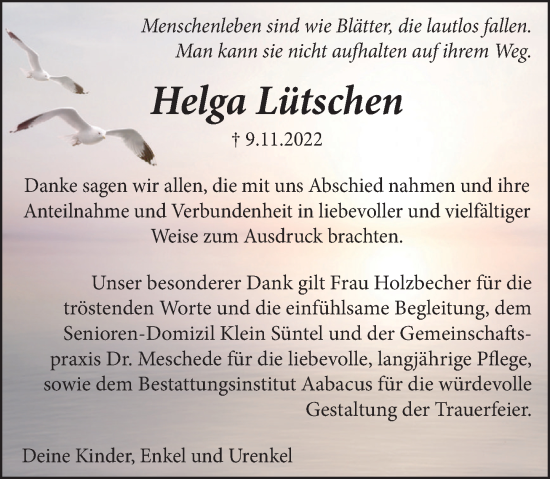 Traueranzeige von Helga Lütschen von Neue Deister-Zeitung