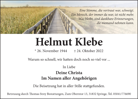 Traueranzeige von Helmut Klebe von Neue Deister-Zeitung