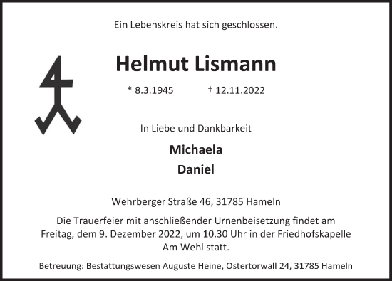Traueranzeige von Helmut Lismann von Deister- und Weserzeitung