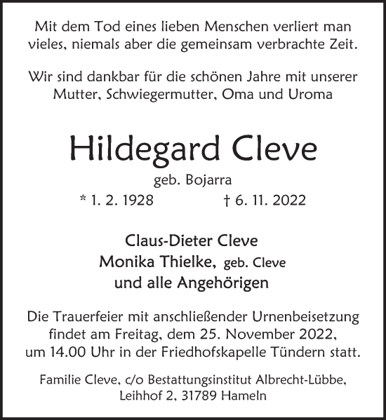 Traueranzeige von Hildegard Cleve von Deister- und Weserzeitung