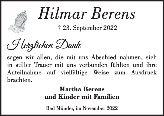 Traueranzeige von Hilmar Berens von Neue Deister-Zeitung