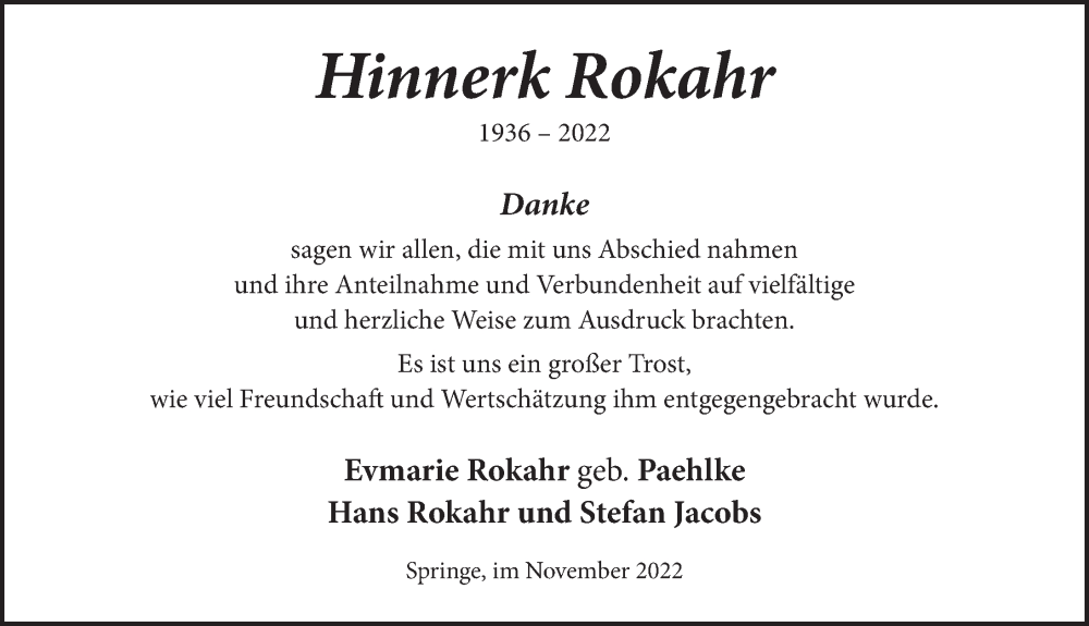  Traueranzeige für Hinnerk Rokahr vom 19.11.2022 aus Neue Deister-Zeitung