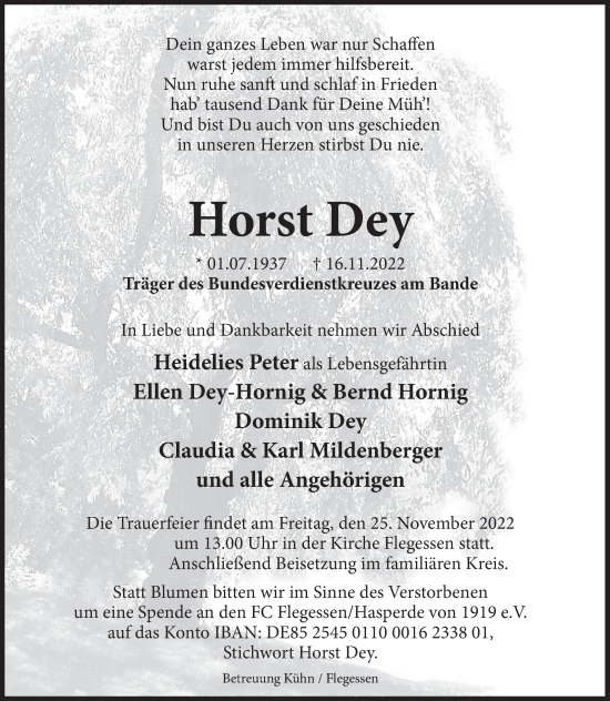 Traueranzeige von Horst Dey von Deister- und Weserzeitung