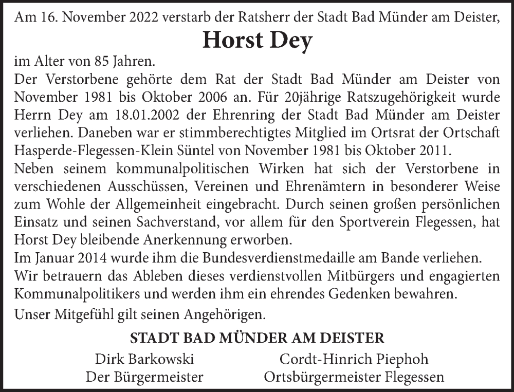  Traueranzeige für Horst Dey vom 24.11.2022 aus Neue Deister-Zeitung