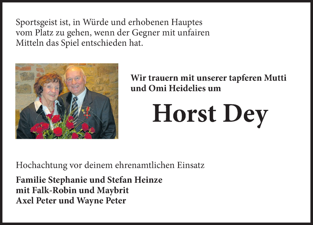  Traueranzeige für Horst Dey vom 22.11.2022 aus Deister- und Weserzeitung