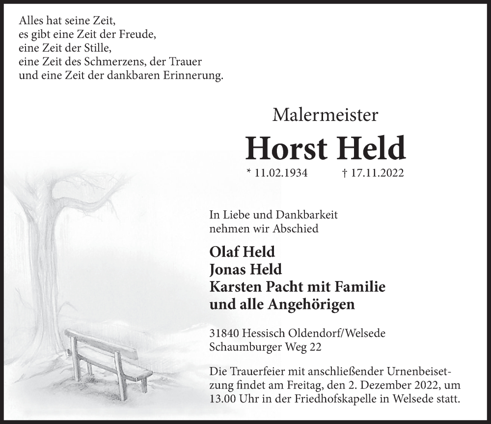  Traueranzeige für Horst Held vom 26.11.2022 aus Deister- und Weserzeitung