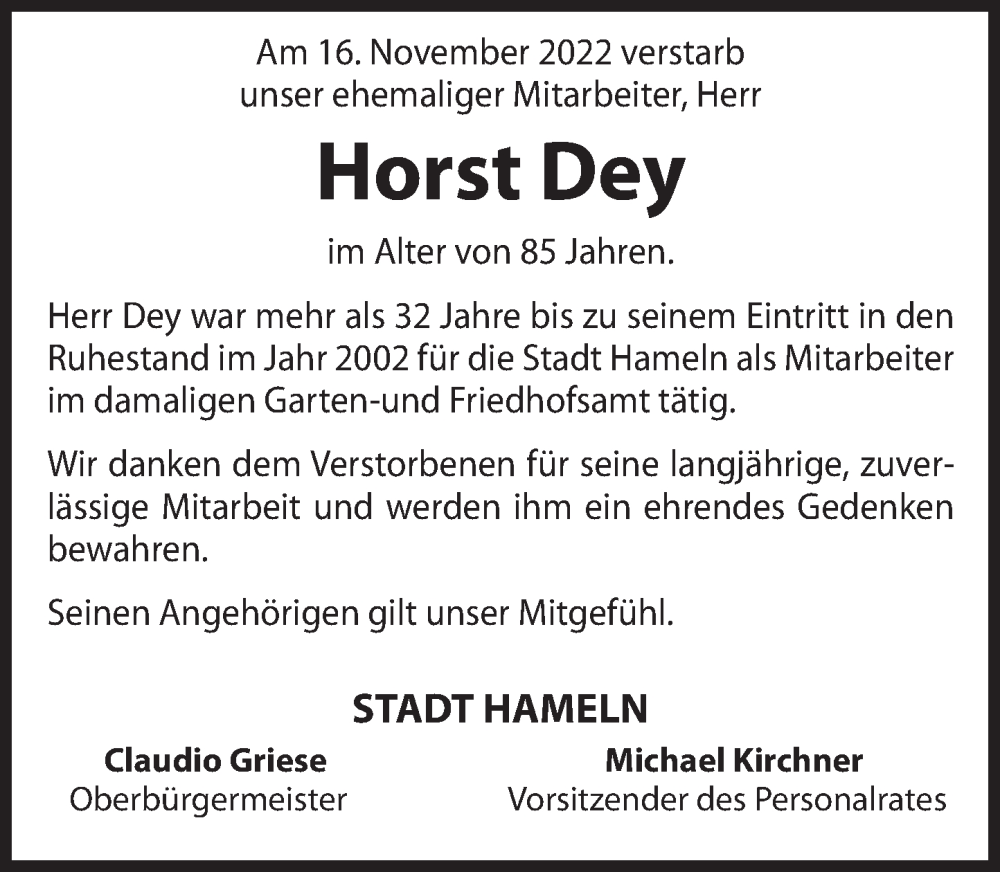  Traueranzeige für Horst Dey  vom 25.11.2022 aus Deister- und Weserzeitung