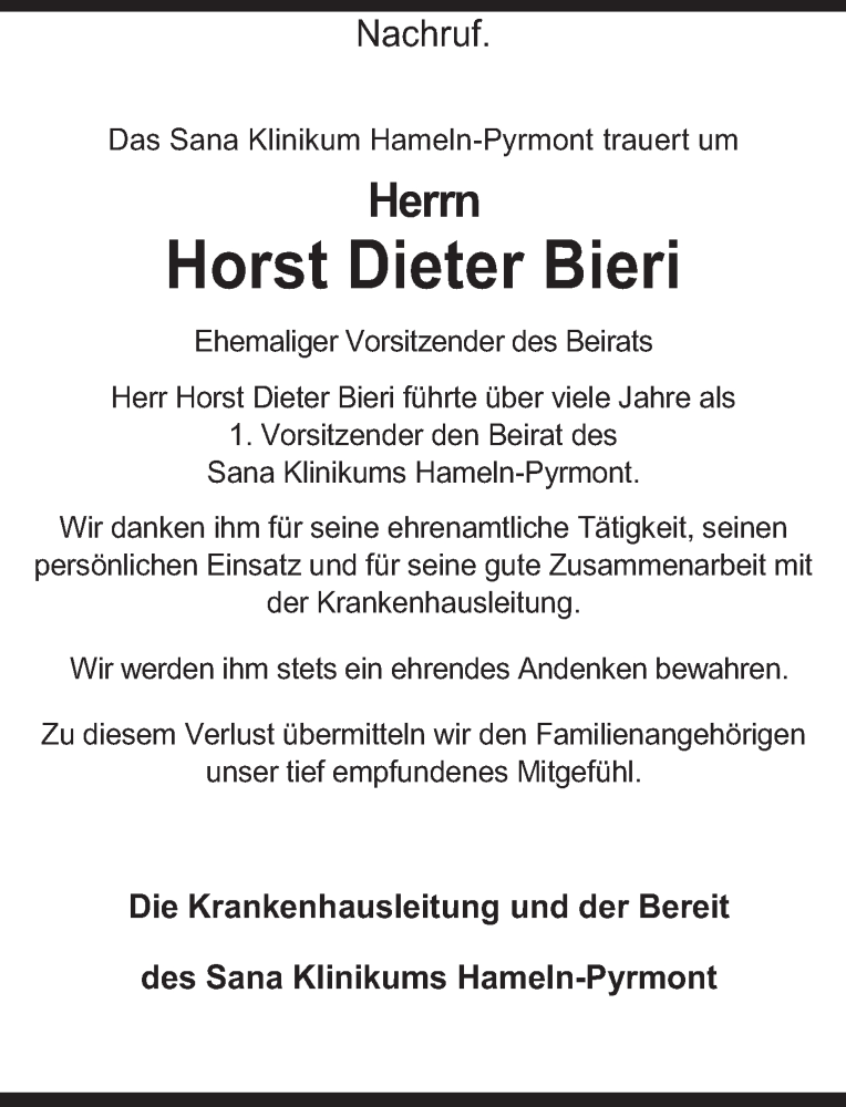  Traueranzeige für Horst Dieter Bieri vom 12.11.2022 aus Deister- und Weserzeitung