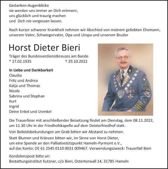 Traueranzeige von Horst Dieter Bieri von Deister- und Weserzeitung