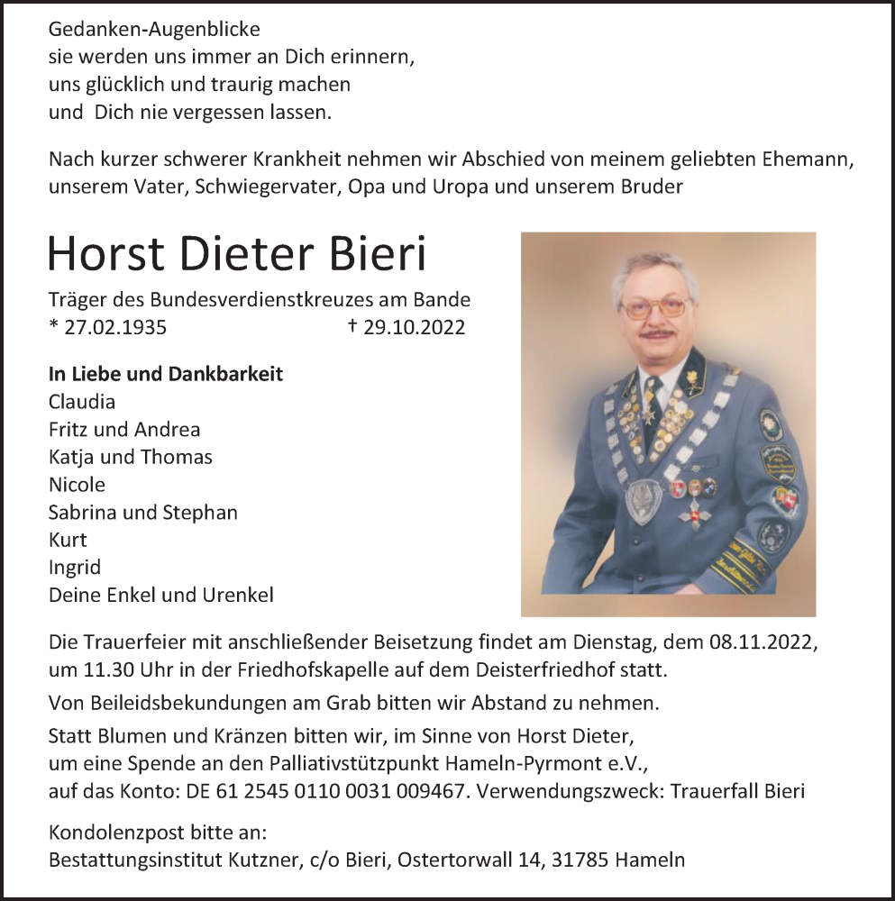  Traueranzeige für Horst Dieter Bieri vom 05.11.2022 aus Deister- und Weserzeitung