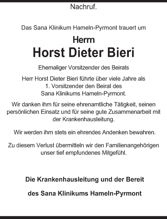 Traueranzeige von Horst Dieter Bieri von Deister- und Weserzeitung