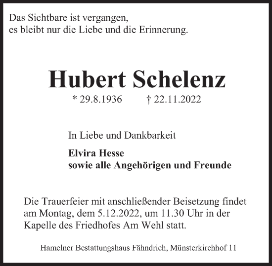 Traueranzeige von Hubert Schelenz von Deister- und Weserzeitung