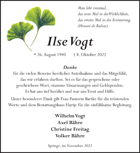 Traueranzeige von Ilse Vogt von Neue Deister-Zeitung