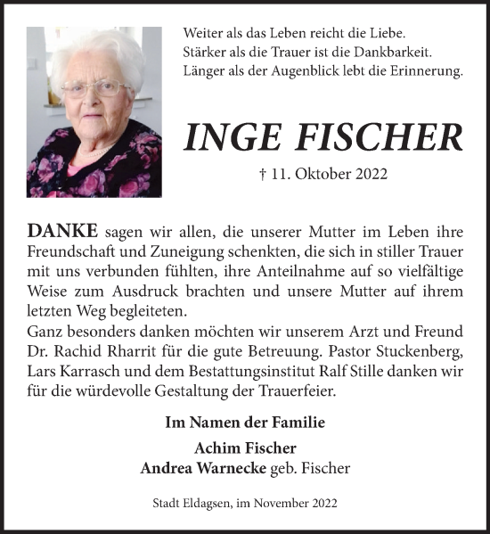 Traueranzeige von Inge Fischer von Neue Deister-Zeitung