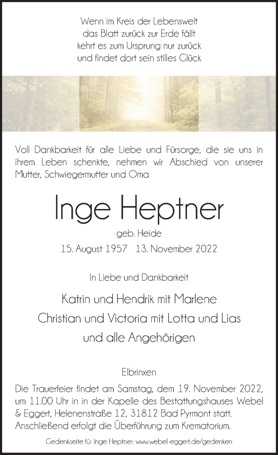 Traueranzeige von Inge Heptner von Deister- und Weserzeitung