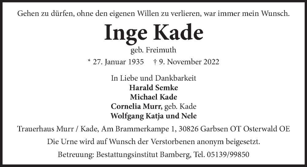  Traueranzeige für Inge Kade vom 19.11.2022 aus Neue Deister-Zeitung