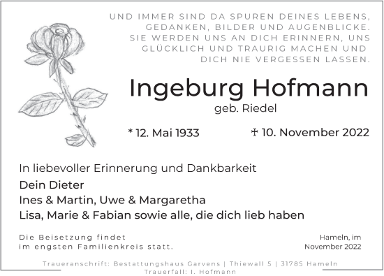 Traueranzeige von Ingeburg Hofmann von Deister- und Weserzeitung