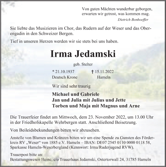 Traueranzeige von Irma Jedamski von Deister- und Weserzeitung