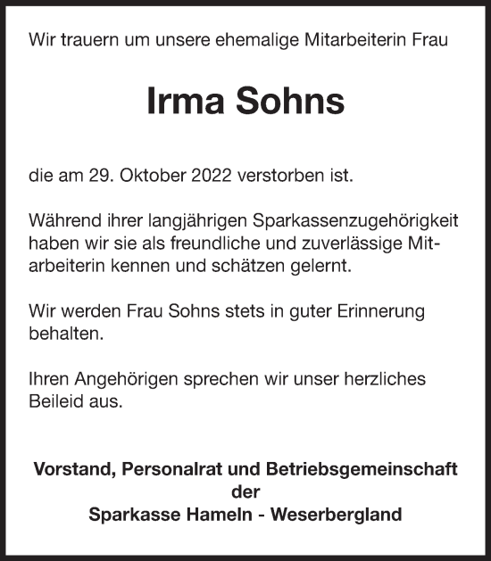 Traueranzeige von Irma Sohns von Deister- und Weserzeitung