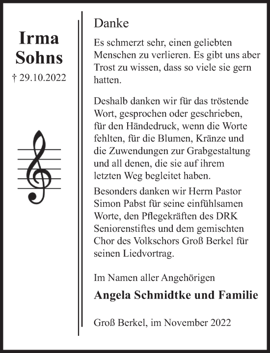 Traueranzeige von Irma Sohns von Deister- und Weserzeitung