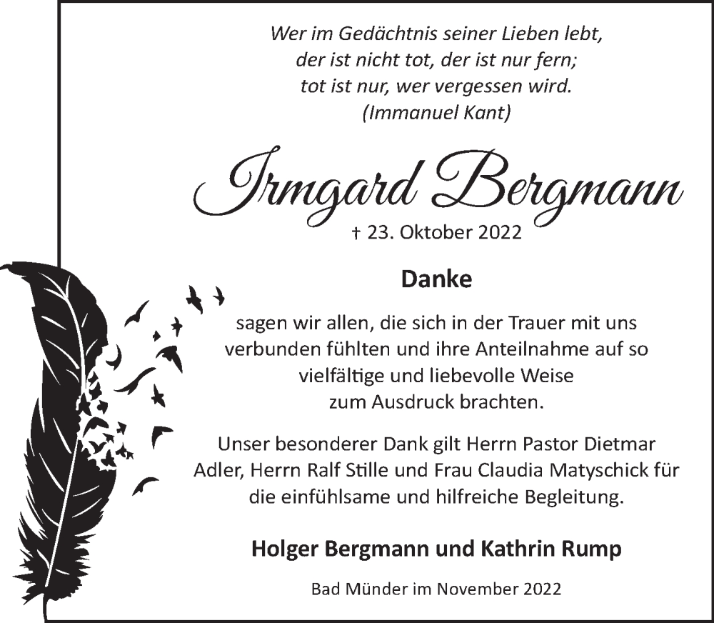  Traueranzeige für Irmgard Bergmann vom 19.11.2022 aus Neue Deister-Zeitung