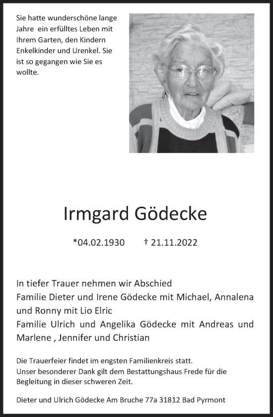 Traueranzeige von Irmgard Gödecke von Deister- und Weserzeitung