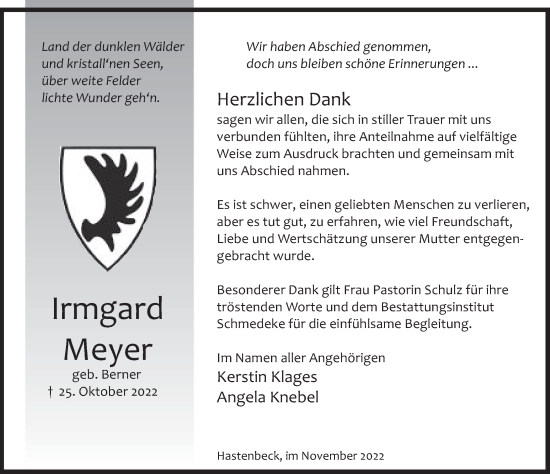 Traueranzeige von Irmgard Meyer von Deister- und Weserzeitung
