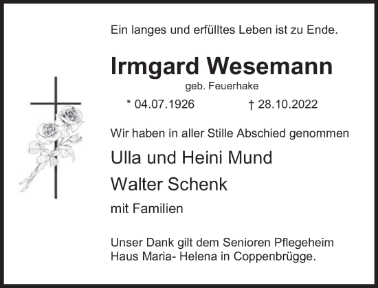 Traueranzeige von Irmgard Wesemann von Deister- und Weserzeitung