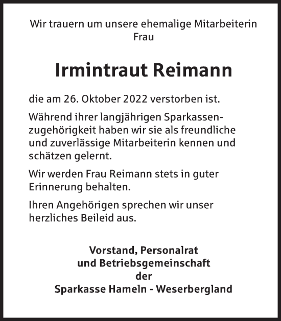 Traueranzeige von Irmintraut Reimann von Deister- und Weserzeitung