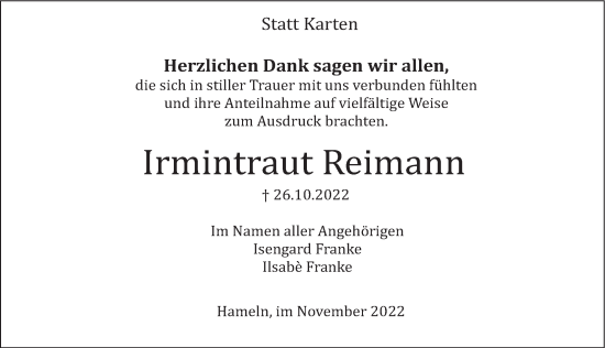 Traueranzeige von Irmintraut Reimann von Deister- und Weserzeitung